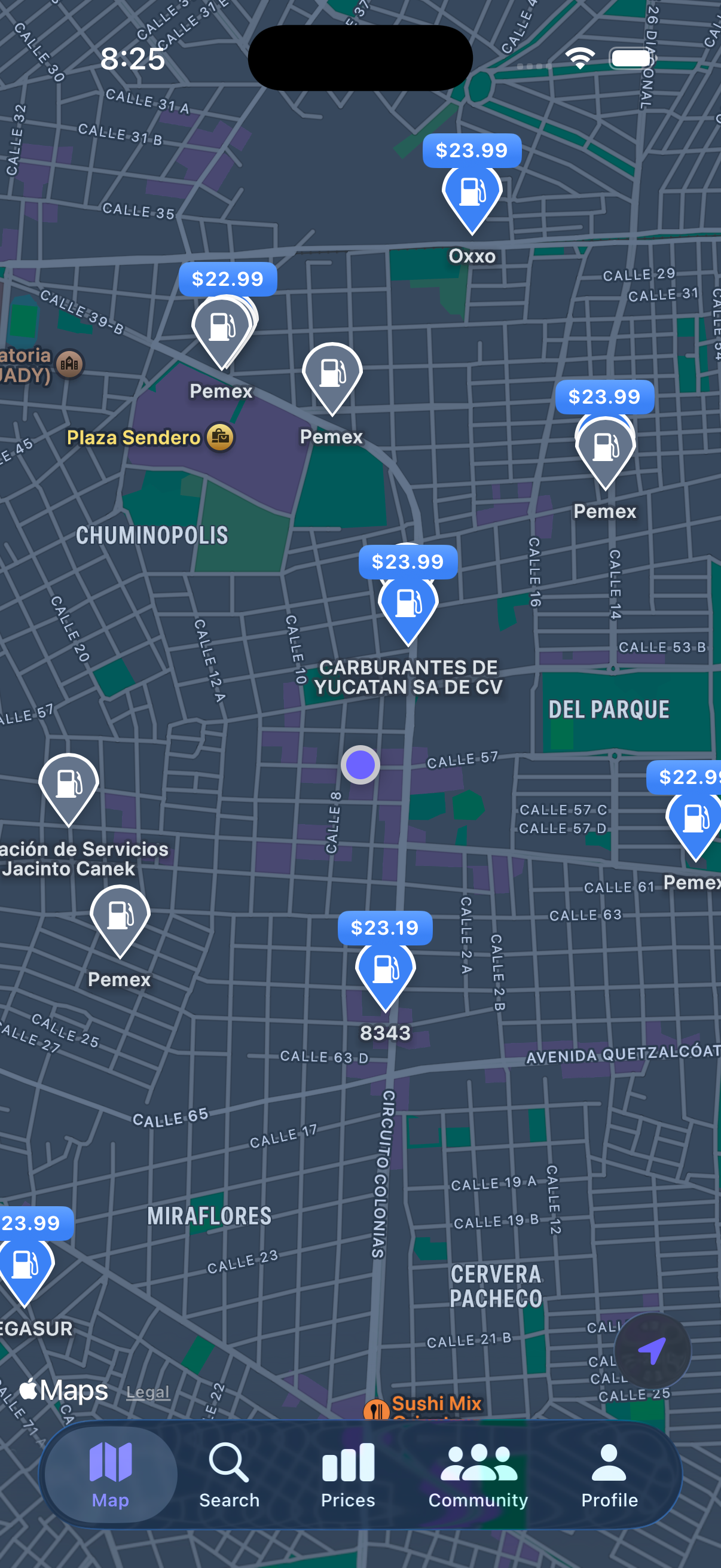 Gasify map view showing gas stations with prices