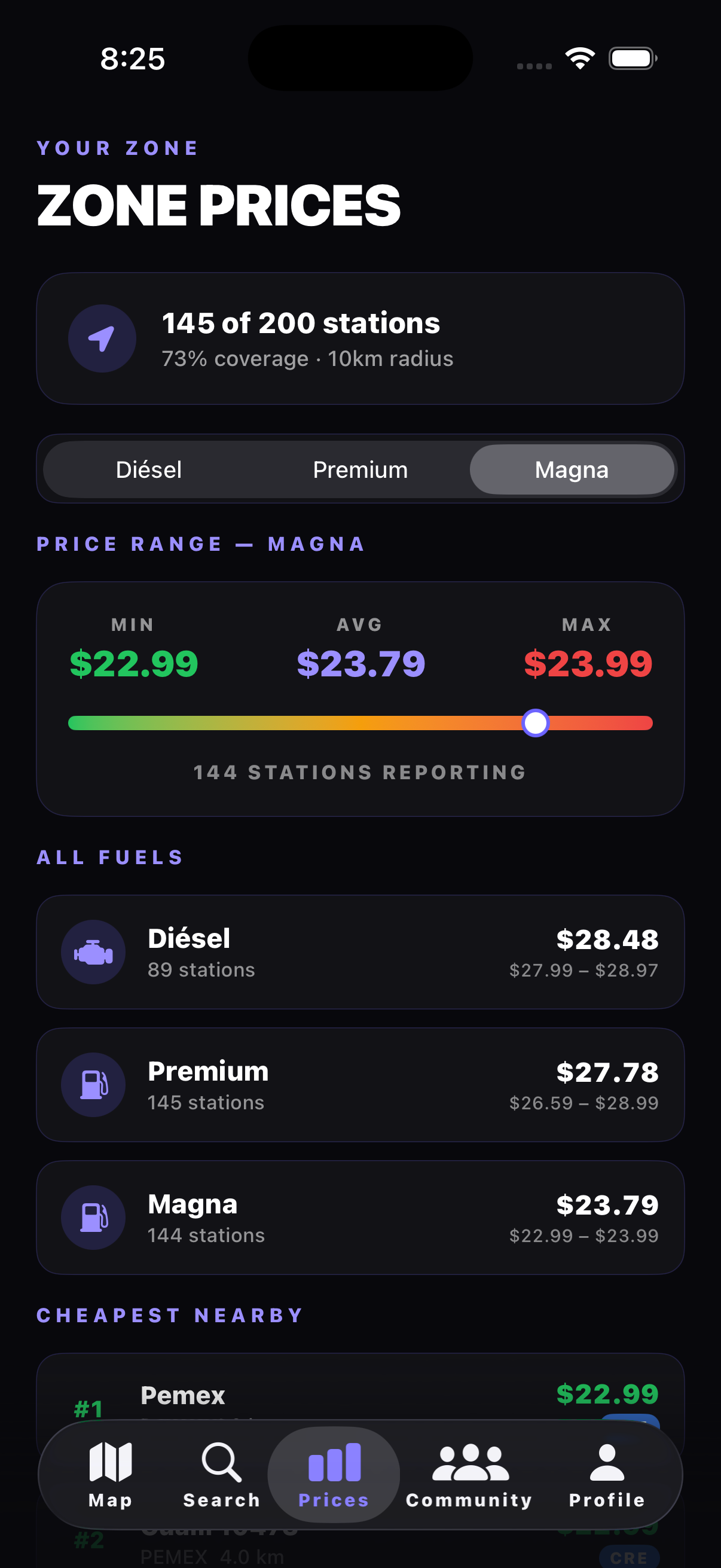 Gasify zone prices view comparing fuel costs